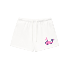 White Bitcoin whale shorts with a pink whale design on a white background
