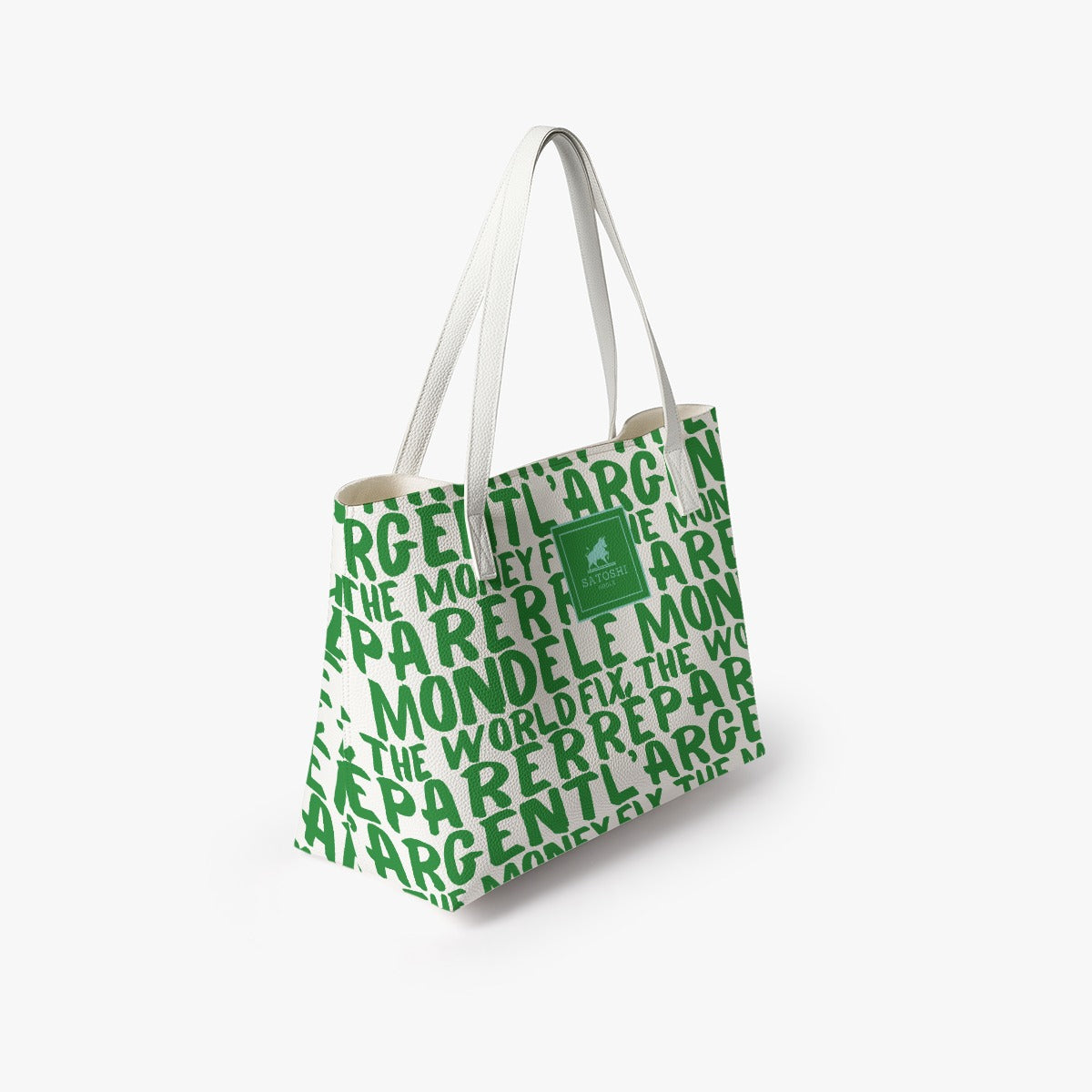 Bitcoin Tote bag with green text pattern on a white background