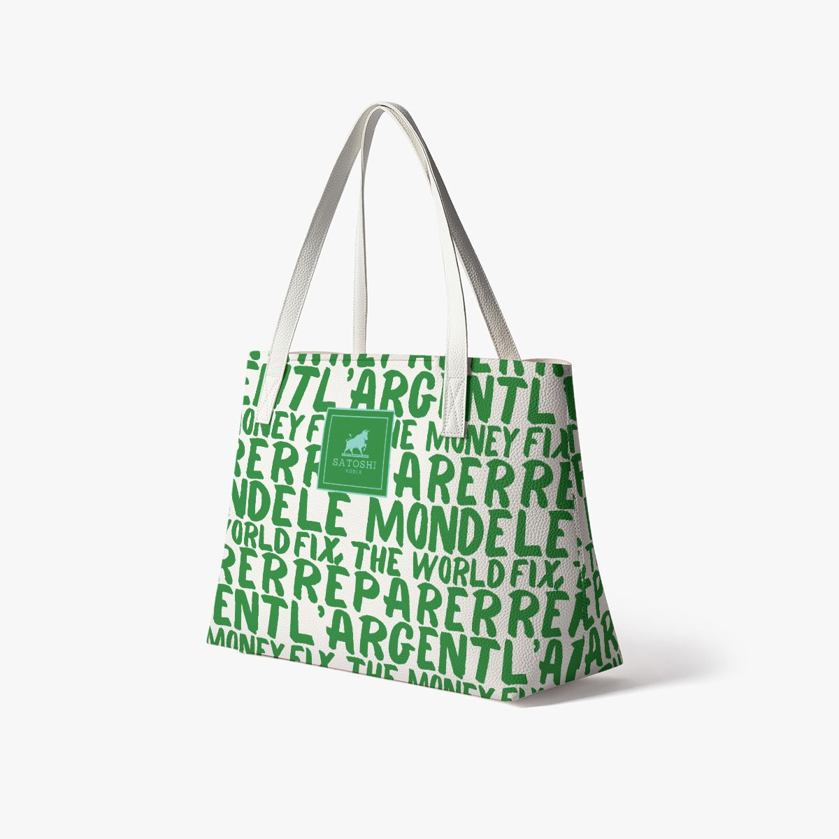 Green and white bitcoin paris tote bag with text pattern on a white background