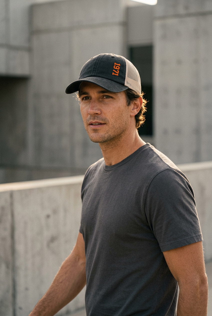 Black and tan 1971 trucker cap urban lifestyle portrait