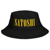 Black Bitcoin bucket hat with 'Satoshi' in yellow on a white background - SVRN Society