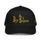 Black cap with 'Buy Bitcoin' text in yellow on a white background