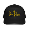 Black cap with 'Buy Bitcoin' text in yellow on a white background