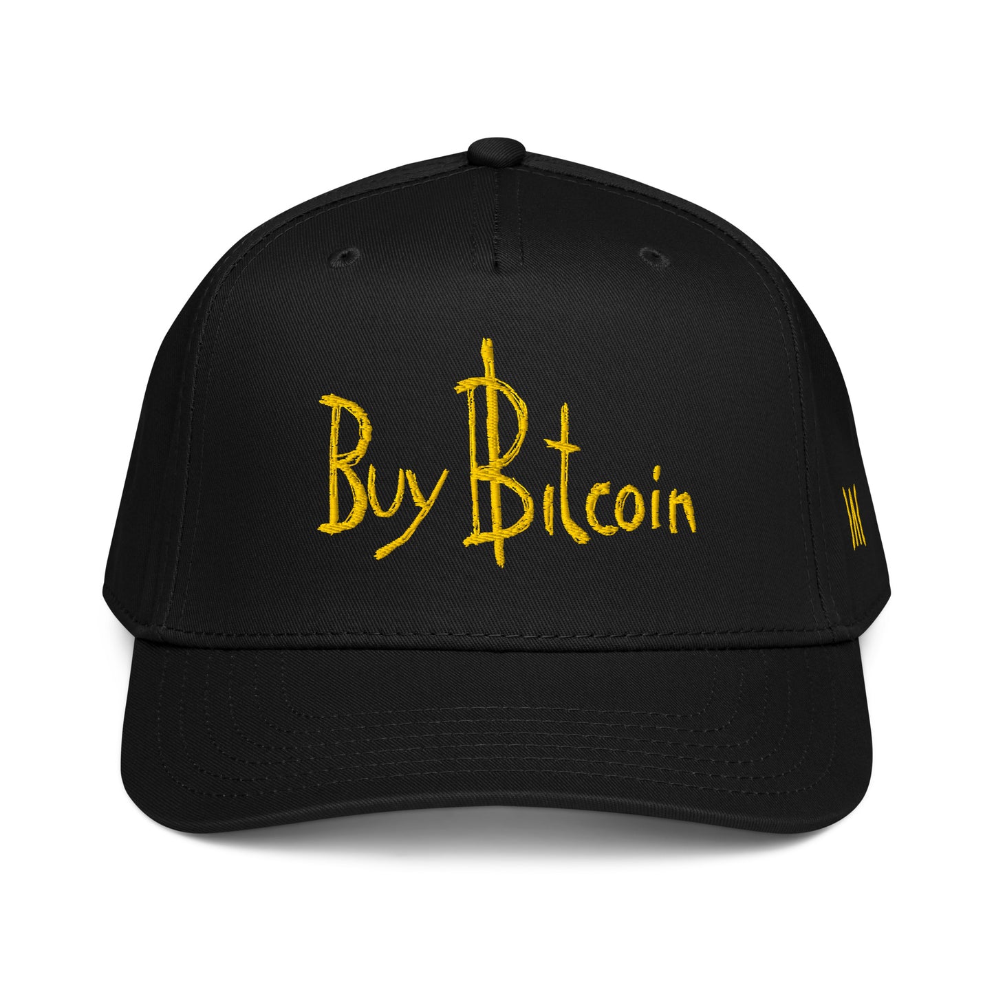 Black cap with 'Buy Bitcoin' text in yellow on a white background