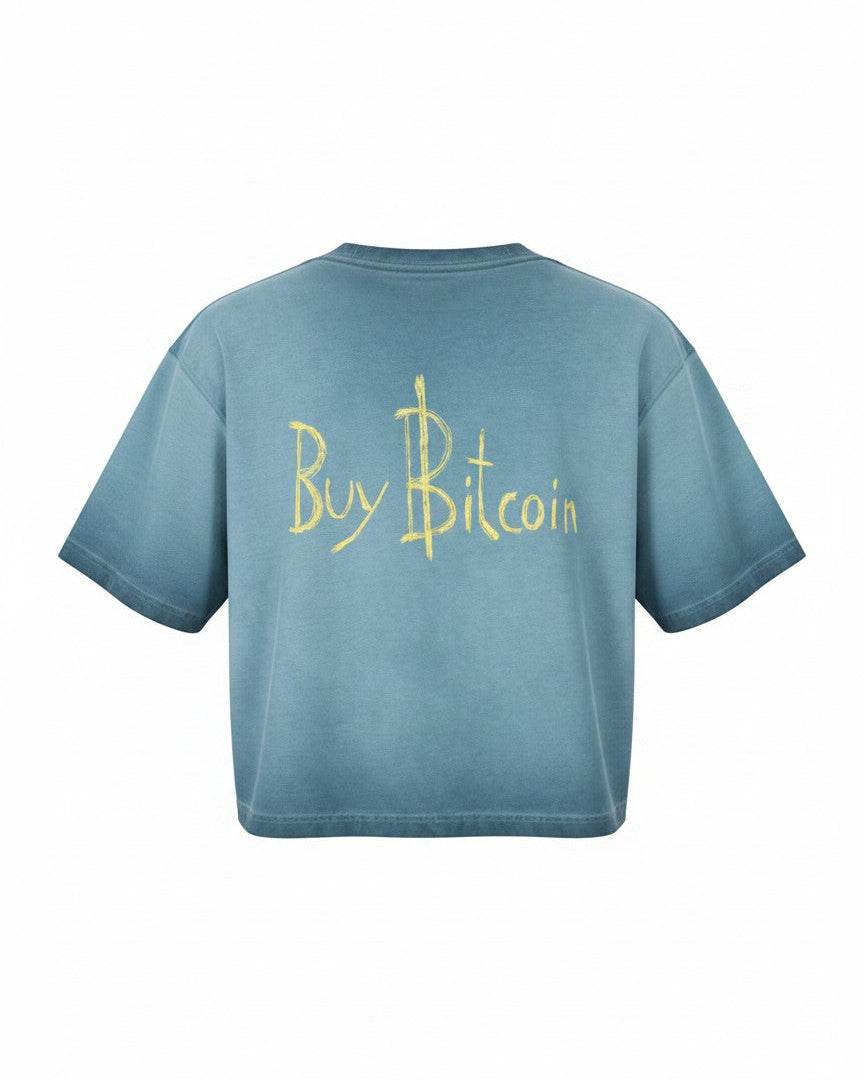Blue BTC t-shirt with 'Buy Bitcoin' text on a white background