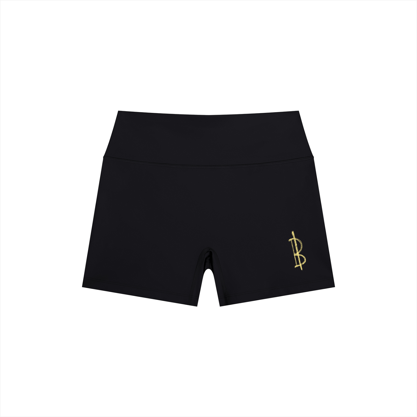 Black shorts with a yellow bitcoin logo on a white background