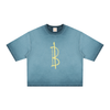 Blue t-shirt with yellow Bitcoin logo on a white background