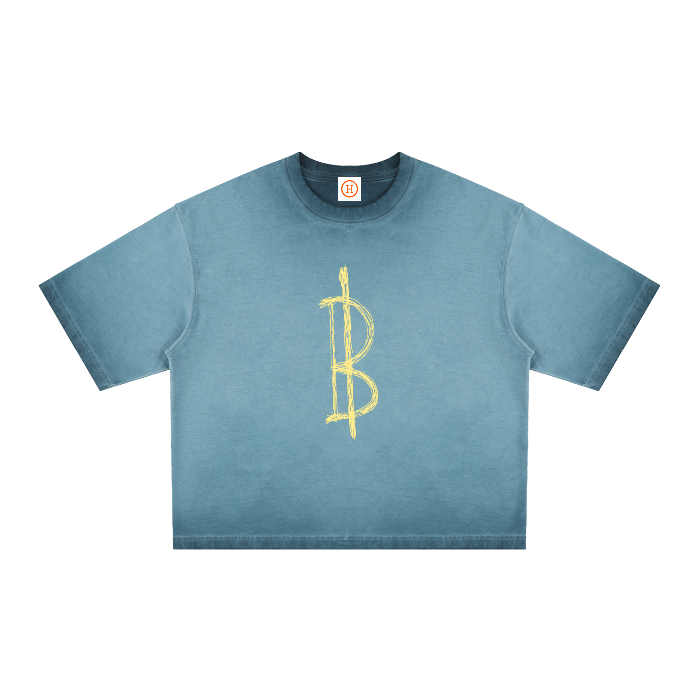 Blue t-shirt with yellow Bitcoin logo on a white background