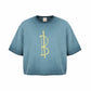 Blue t-shirt with yellow Bitcoin logo on a white background