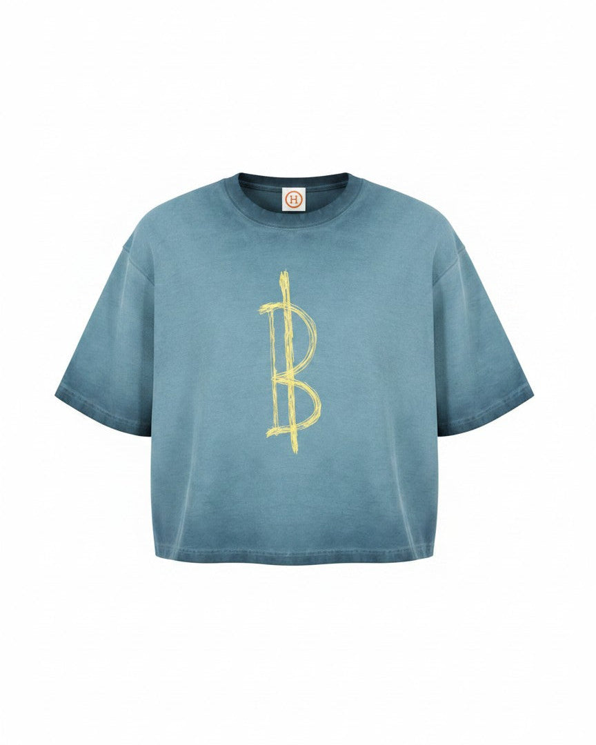Blue t-shirt with yellow Bitcoin logo on a white background