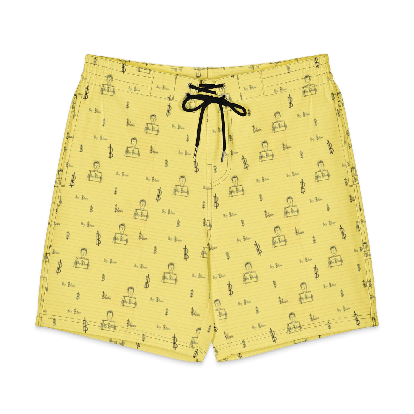 buy bitcoin themed men's board shorts on a white background