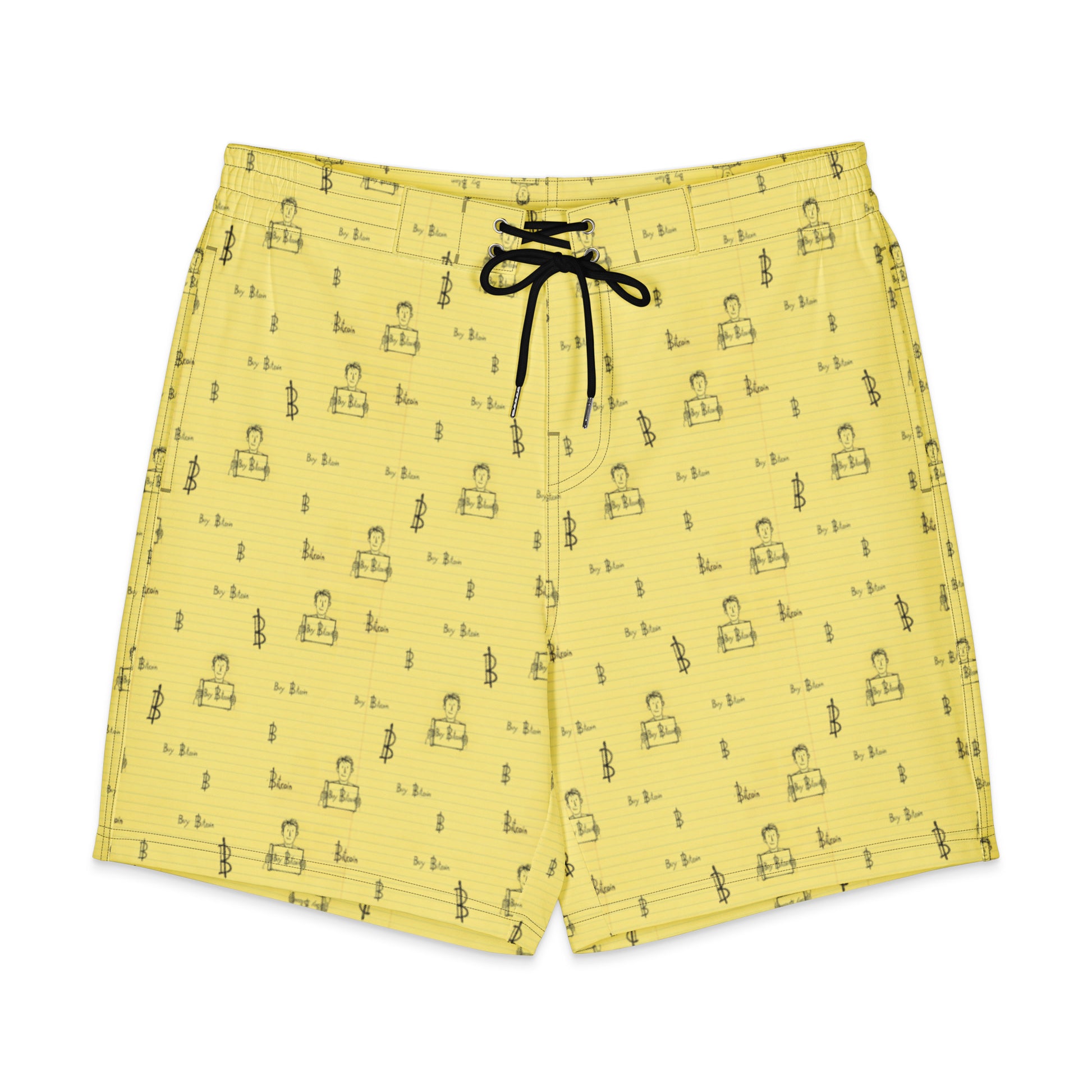 buy bitcoin themed men's board shorts on a white background