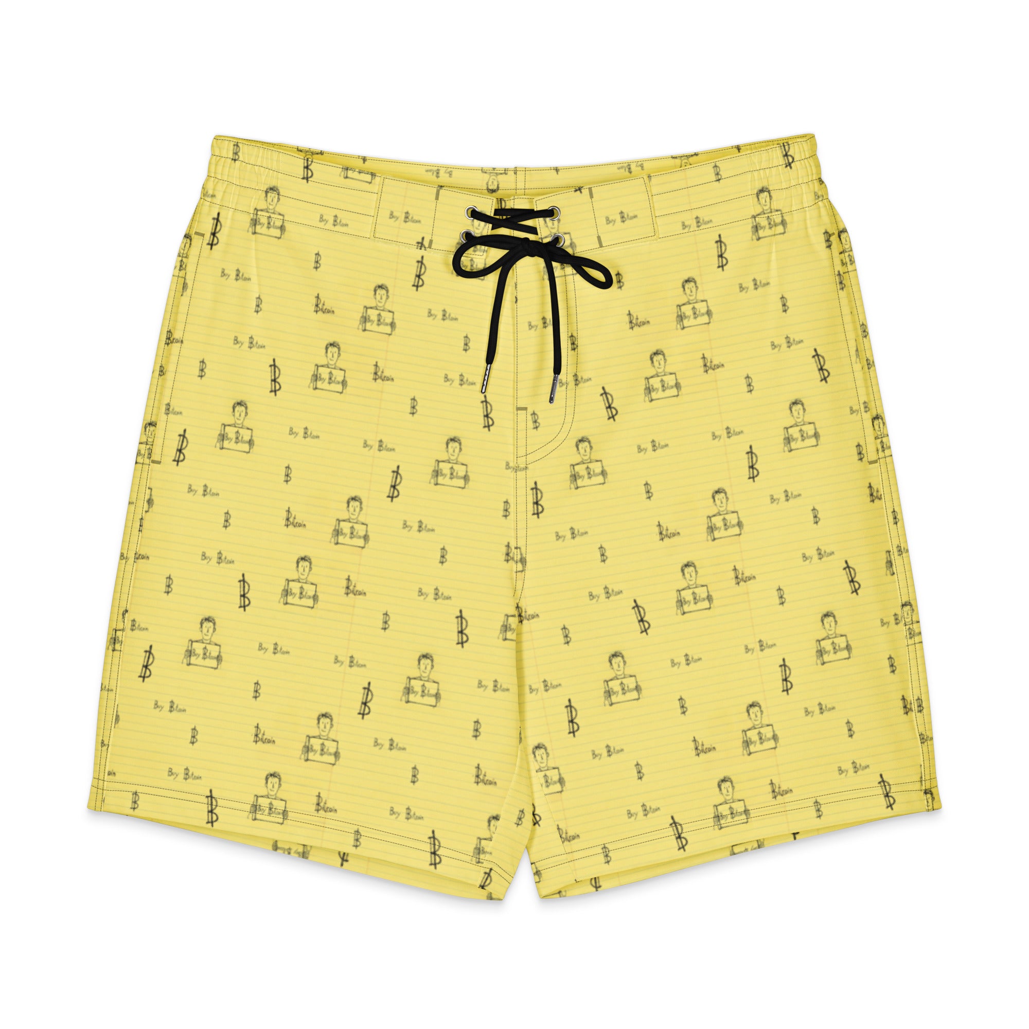buy bitcoin themed men's board shorts on a white background