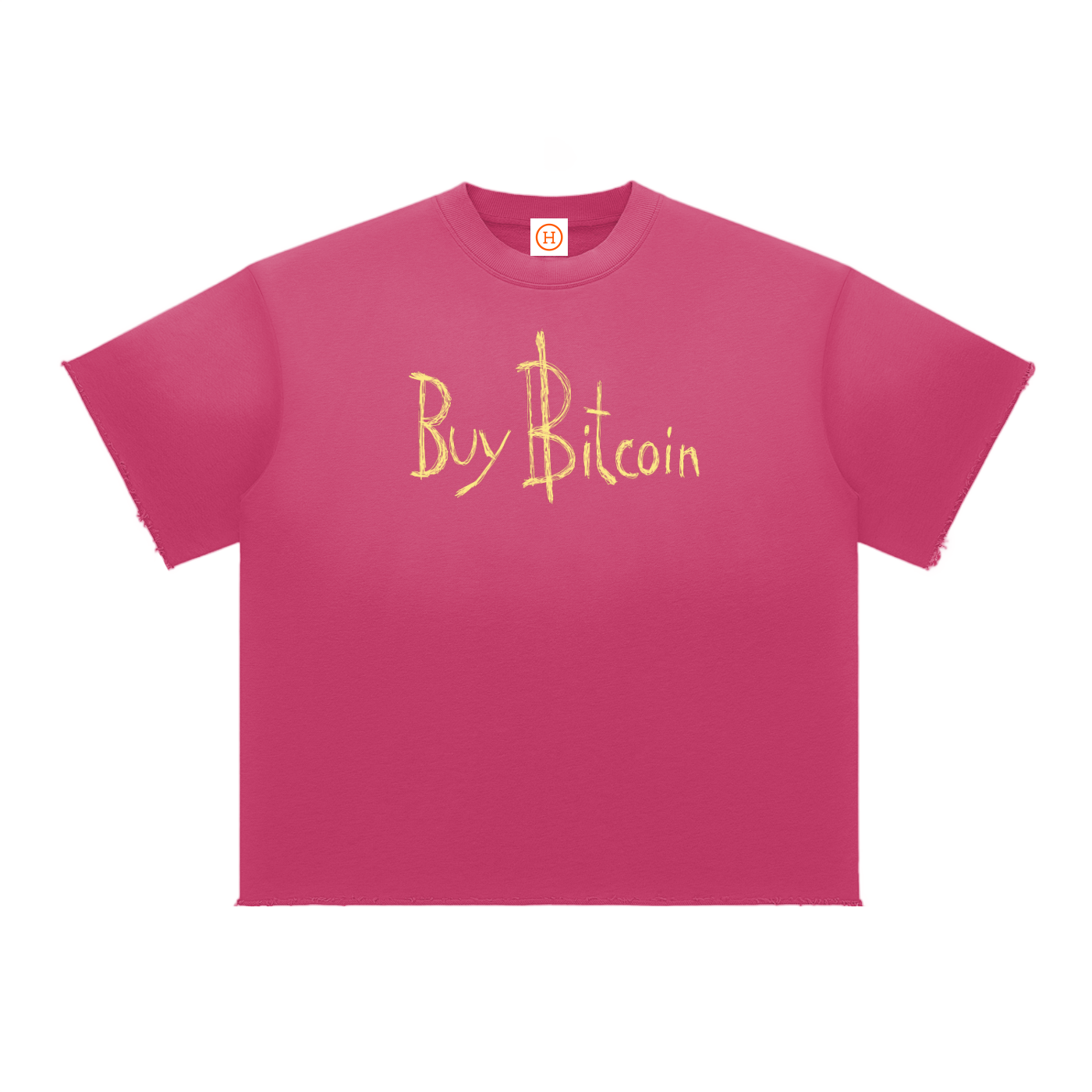 Pink t-shirt with 'Buy Bitcoin' text on a white background