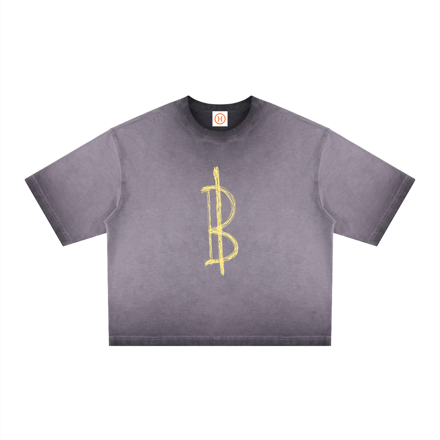 purple Bitcoin t-shirt with yellow bitcoin sign on a white background