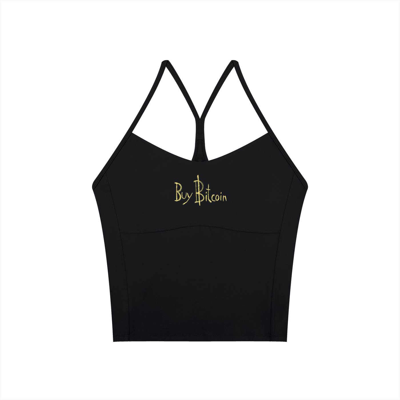 Black buy bitcoin sports bra with 'Buy Bitcoin' text on a white background