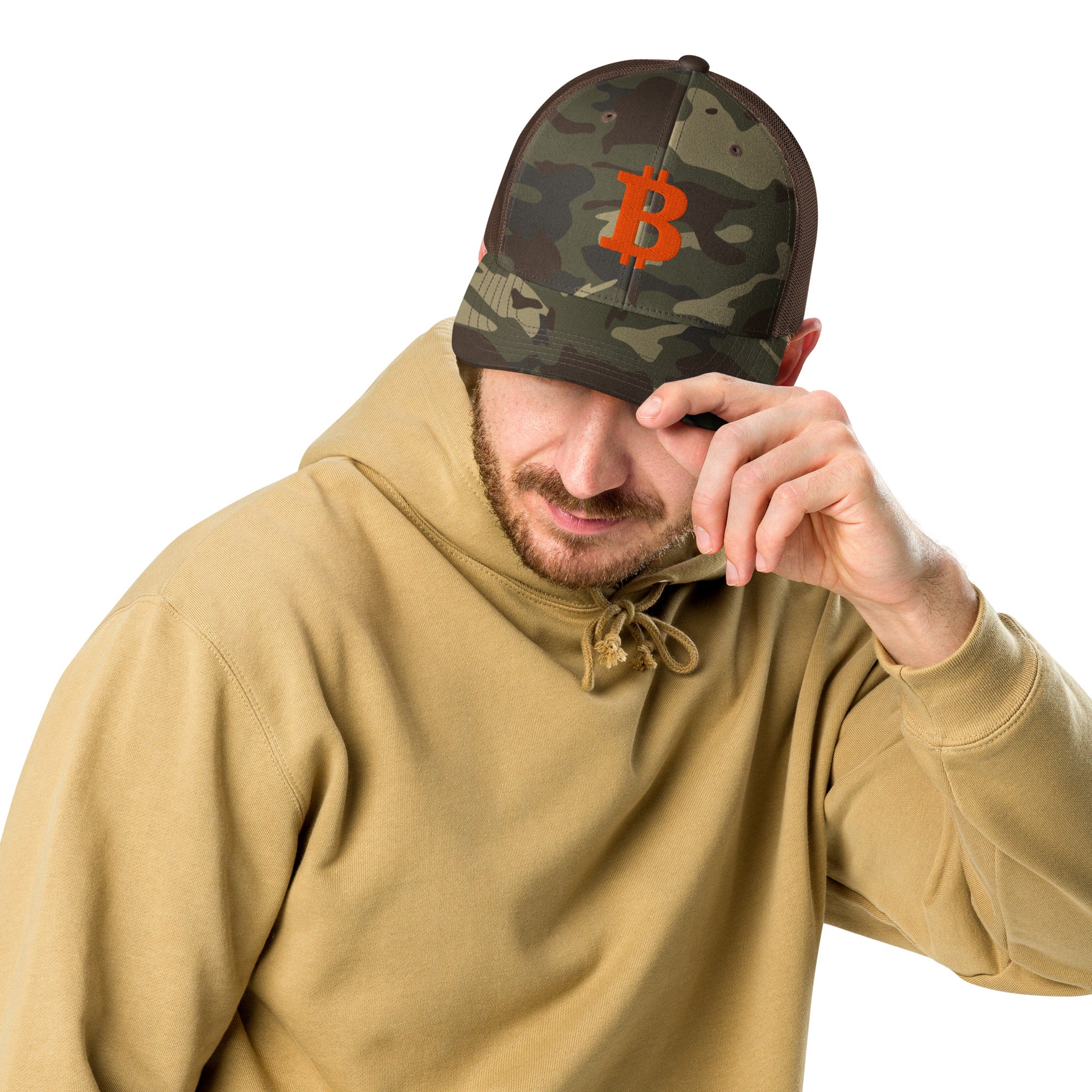 camo bitcoin hat with orange bitcoin b (camo/brown)