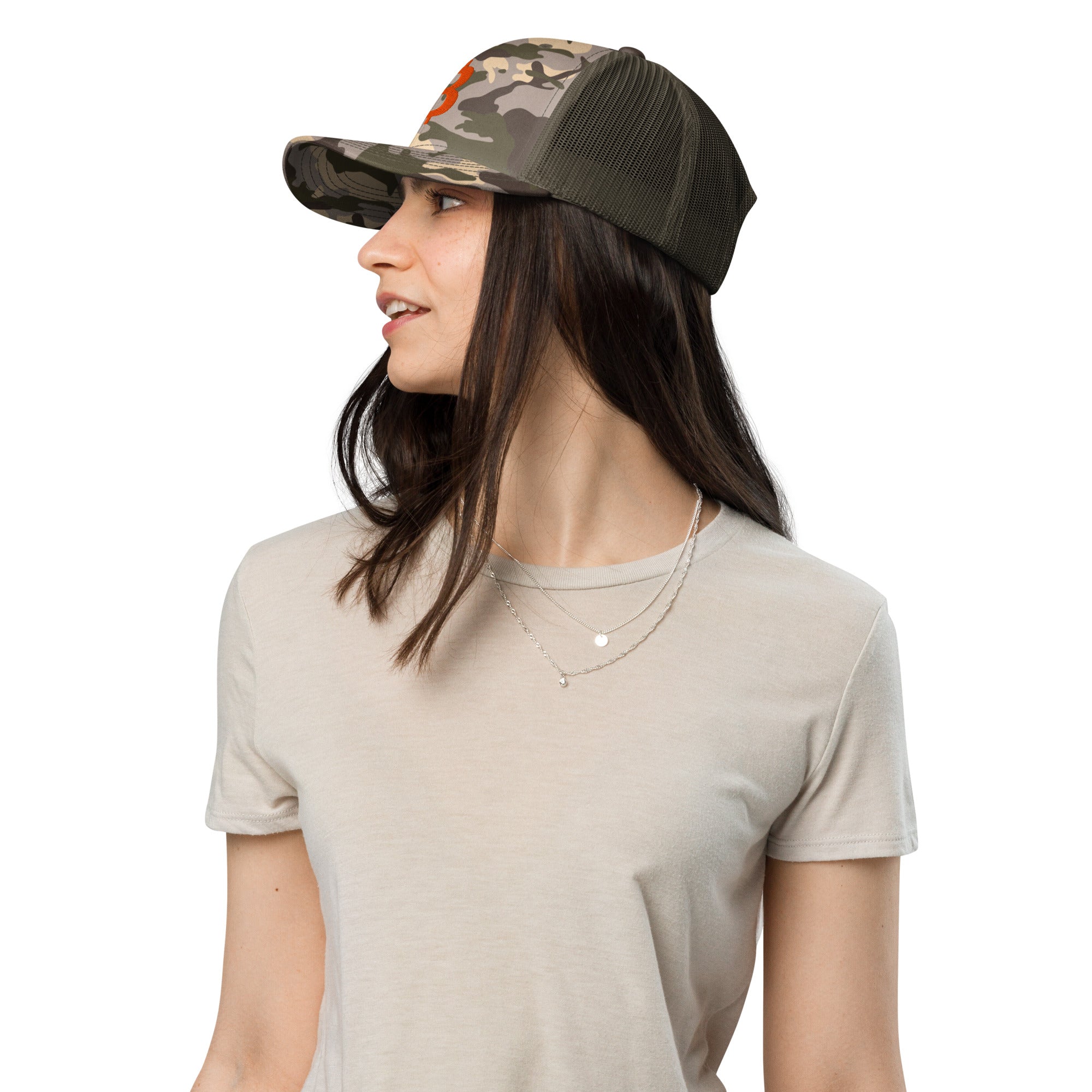 Camo bitcoin hat with orange bitcoin b (camo/olive)
