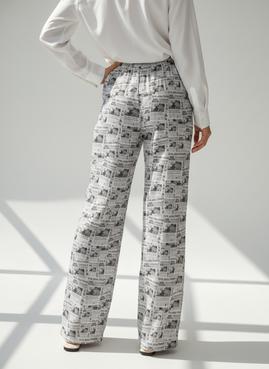 Person wearing wide-leg bitcoin pants with a newspaper print in a living room setting.