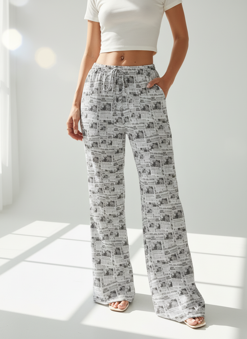 Person wearing white high-waisted pants with black pattern on a white background