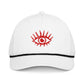 White Bitcoin cap with a red eye design on a white background