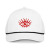 White Bitcoin cap with a red eye design on a white background