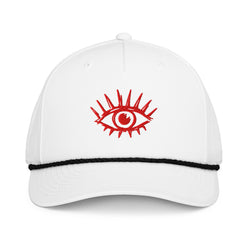 White Bitcoin cap with a red eye design on a white background
