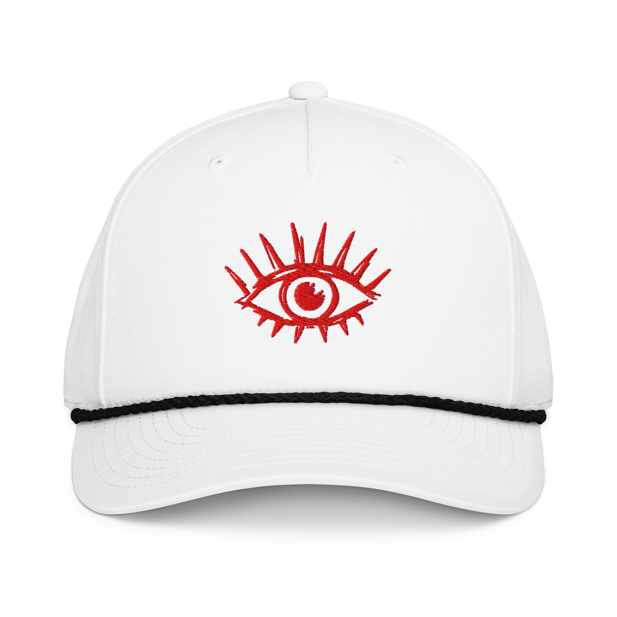 White Bitcoin cap with a red eye design on a white background