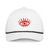 White Bitcoin cap with a red eye design on a white background