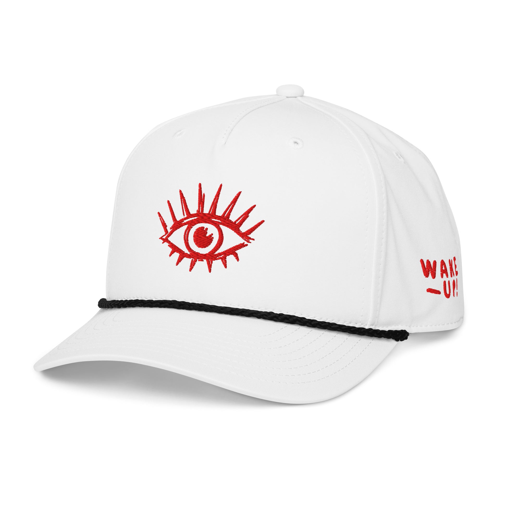 White cap with red eye design and 'Wake Up!' text on a white background