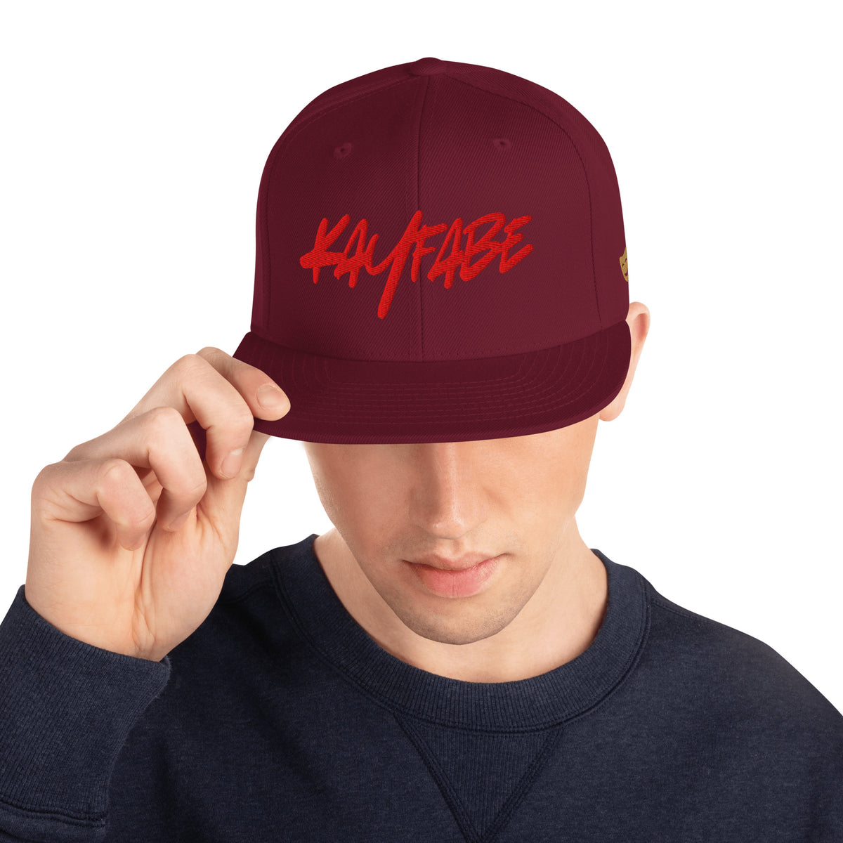 Kayfabe Snapback Hat in maroon, front view, image 8