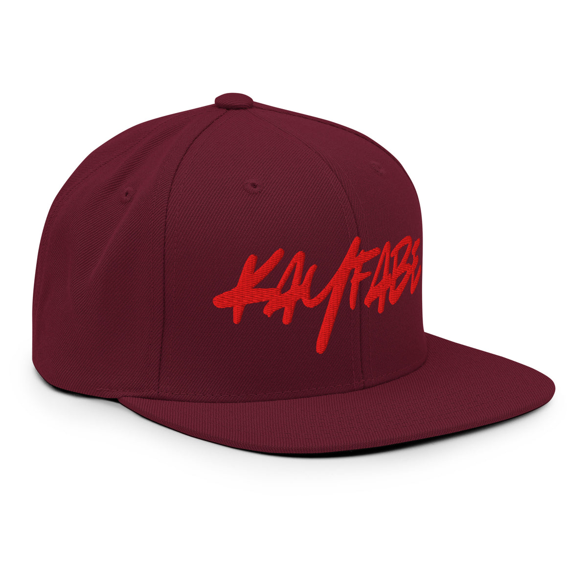 Kayfabe Snapback Hat in maroon, right front view