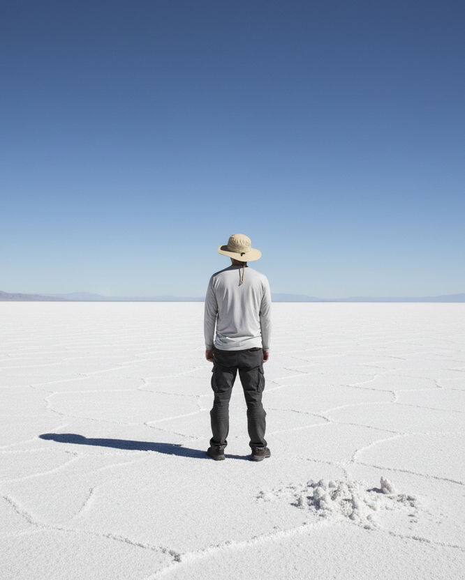 Person standing on a vast, flat salt flat with a clear blue sky.