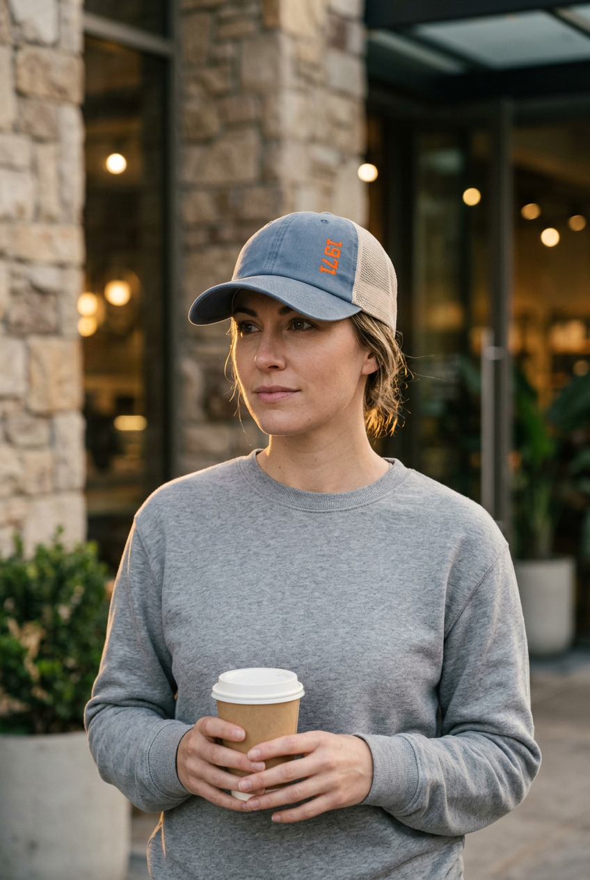 Denim and tan 1971 trucker cap cafe lifestyle portrait
