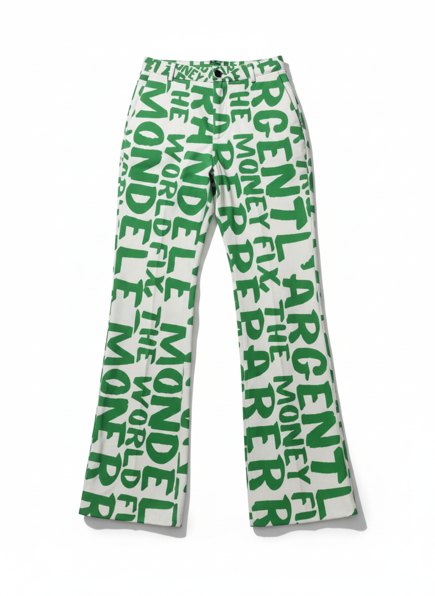 White bitcoin pants with green fix the money fix the world text pattern on a white background