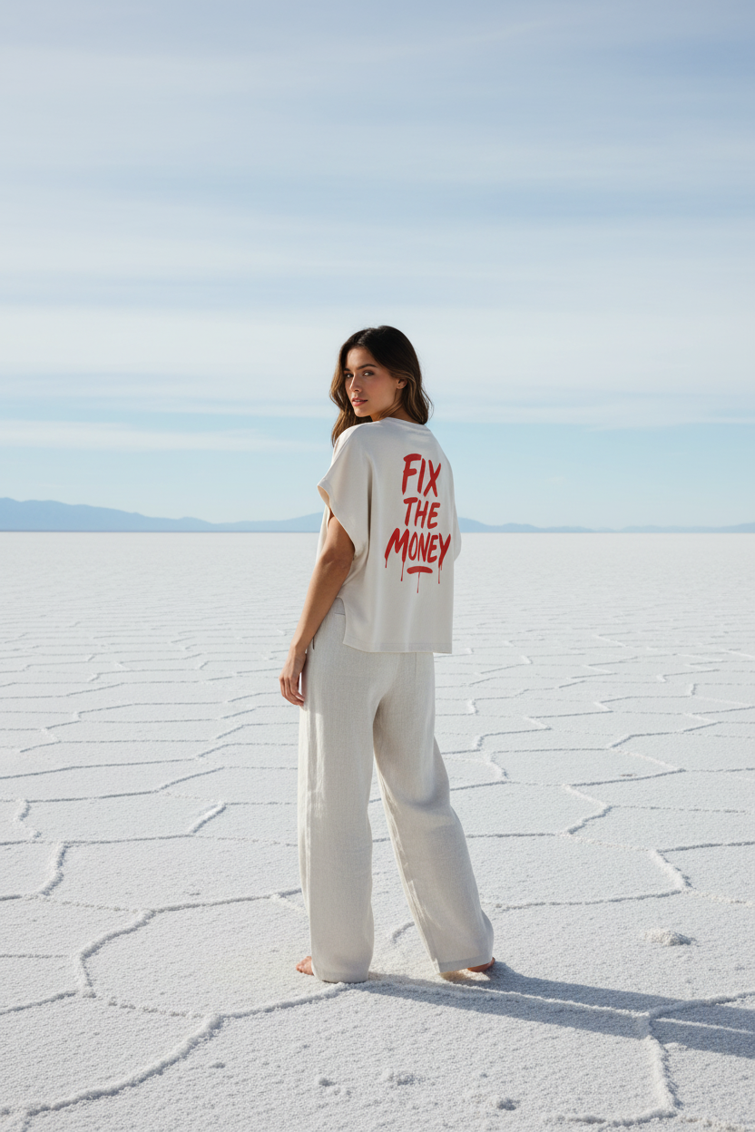 woman wearing a white bitcoin t-shirt with 'FIX THE MONEY' text in a desert landscape