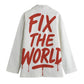 White jacket with red 'FIX THE WORLD' text on a white background