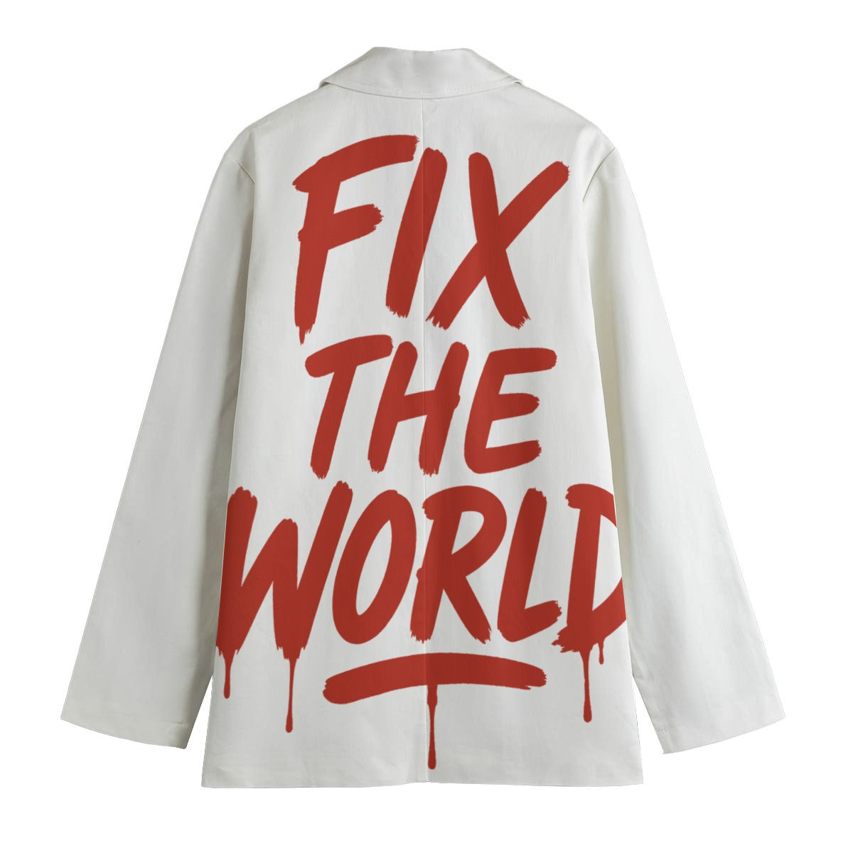 White jacket with red 'FIX THE WORLD' text on a white background