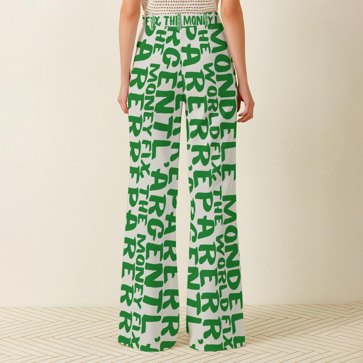 Person wearing white bitcoin pants with green parisain text pattern on a neutral background 