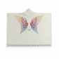 White hooded blanket with colorful angel wings and biblical text on a white background