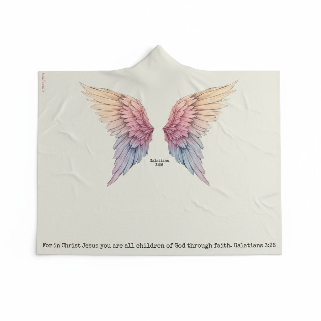 White hooded blanket with colorful angel wings and biblical text on a white background