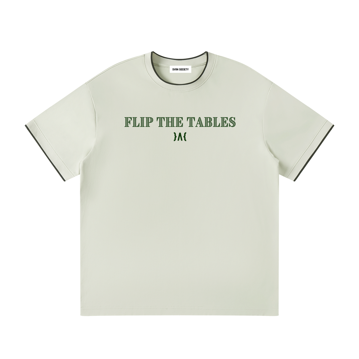 Light green t-shirt with 'FLIP THE TABLES' text on a white background