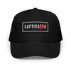 Black trucker cap with 'CAPTIVATED' logo on a white background