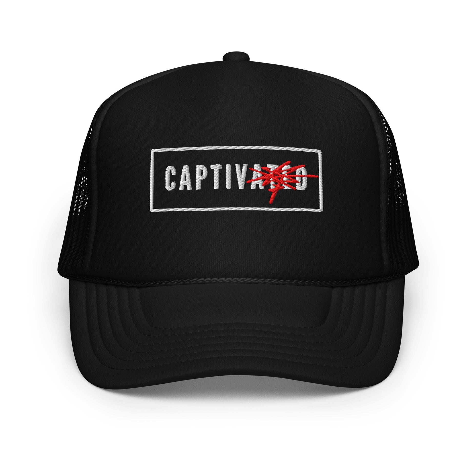 Black trucker cap with 'CAPTIVATED' logo on a white background