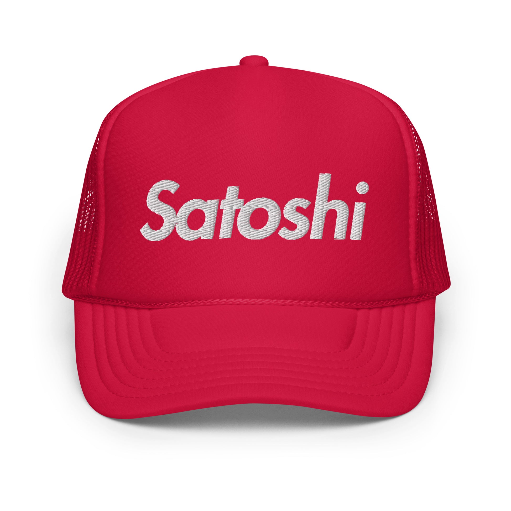 Satoshi red Bitcoin foam trucker hat by the orange habit at svrn society (Red)