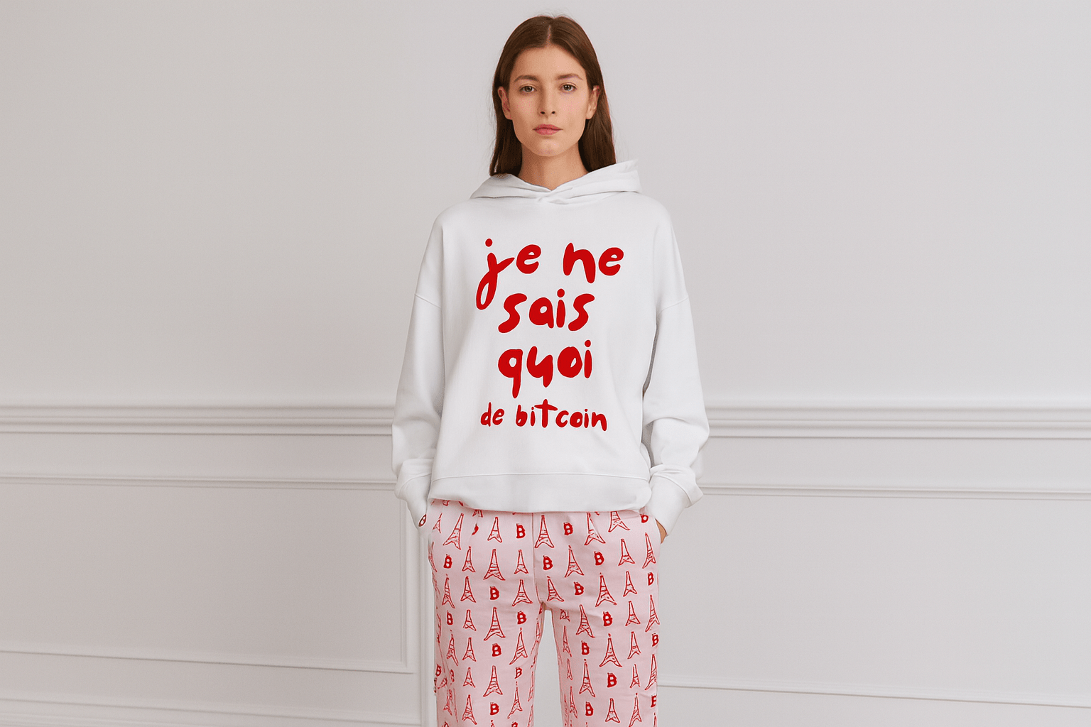 Generated image of female model wearing white "je ne sais quoi de bitcoin" hoodie with matching Eiffel Tower and Bitcoin print wide-leg pants