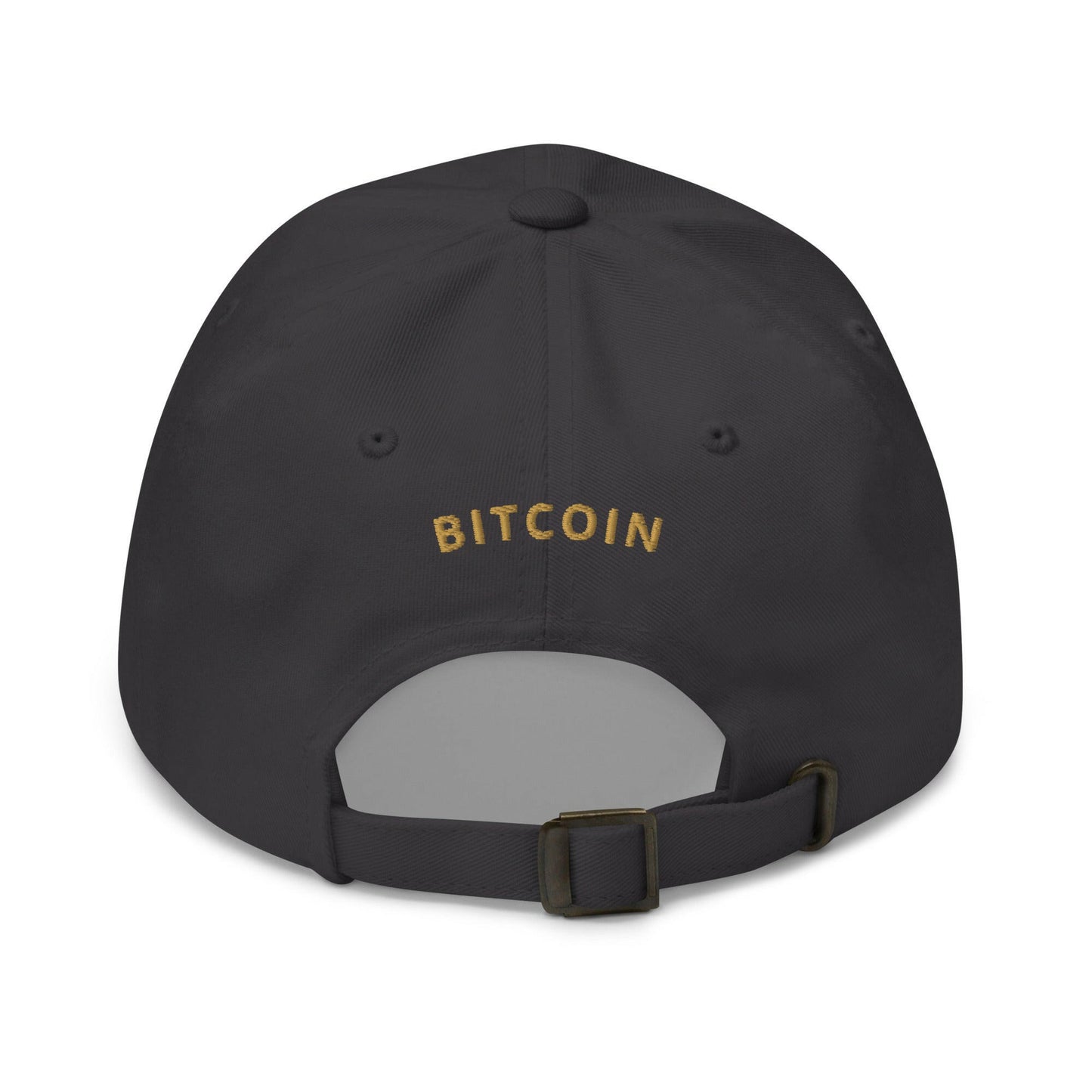 Back of the gold embroidered bitcoin dad hat with Bitcoin spelled out - SVRN Society