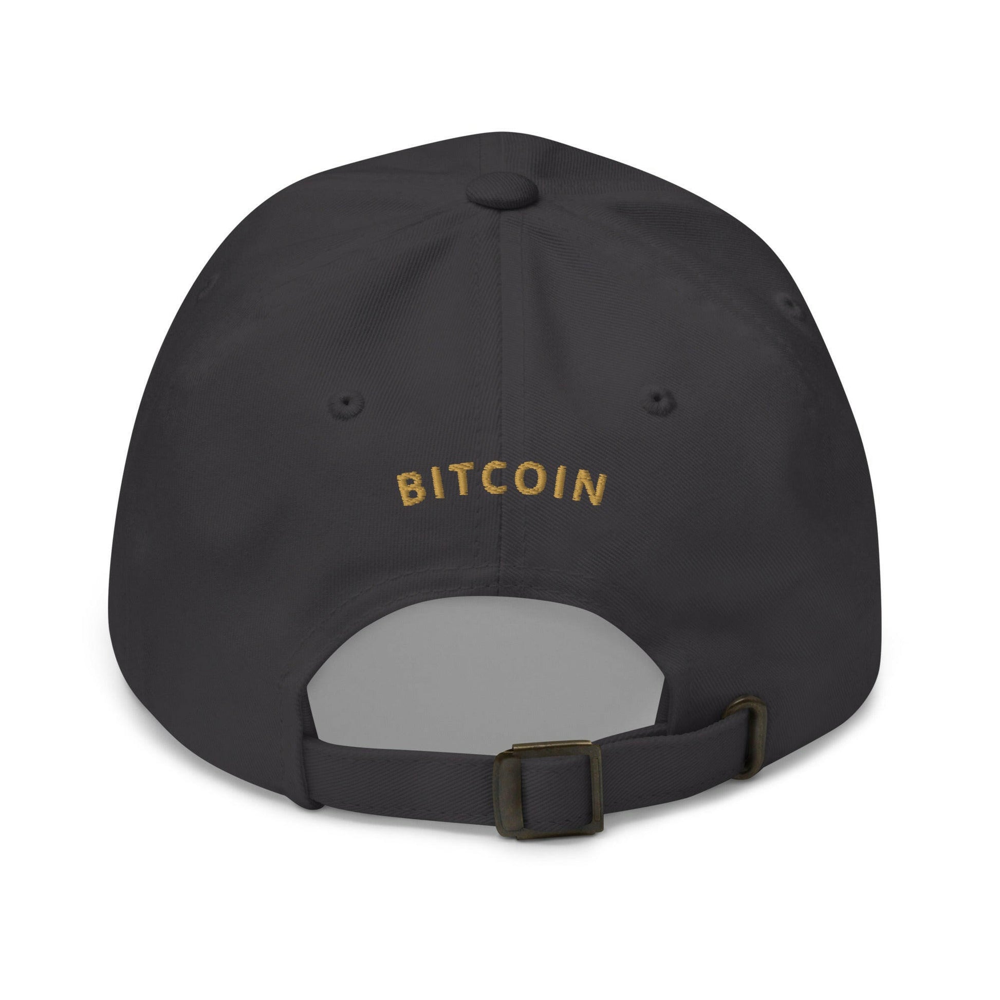 Back of the gold embroidered bitcoin dad hat with Bitcoin spelled out - SVRN Society
