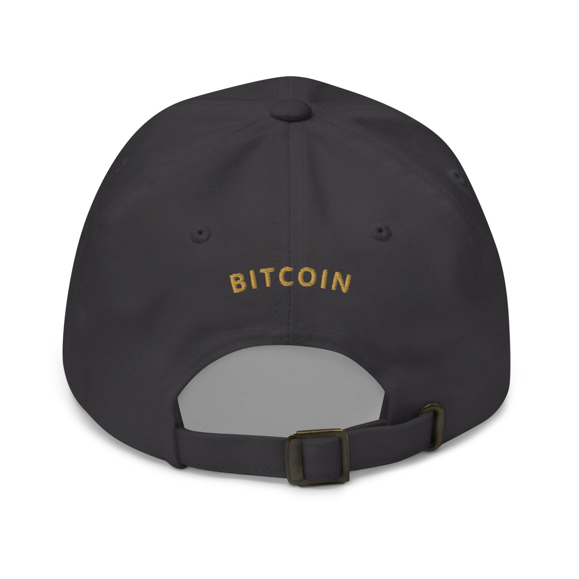 Back of the gold embroidered bitcoin dad hat with Bitcoin spelled out - SVRN Society