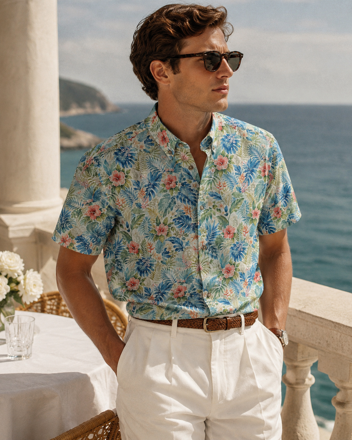 Man wearing a floral bitcoin shirt and sunglasses by the ocean